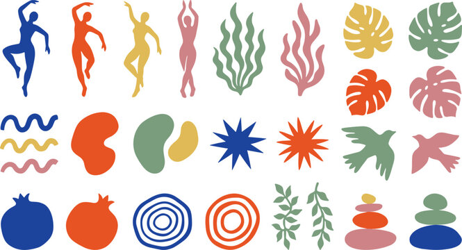 Abstract Boho Nature Elements Vector Collection with Dancing Figures Tropical Leaves Coral Organic Shapes Flowers Stones and Modern Decorative Icons