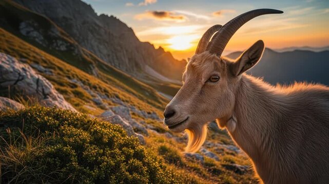 Alpine Ibex Standing on Mountain Slope at Sunset