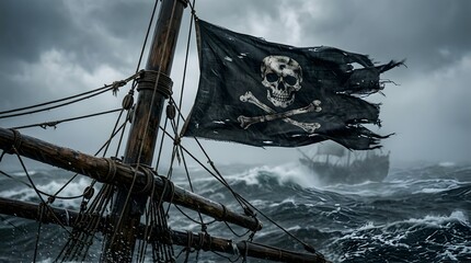 Fototapeta premium Tattered pirate flag with skull and crossbones flying on a ship mast during a stormy sea