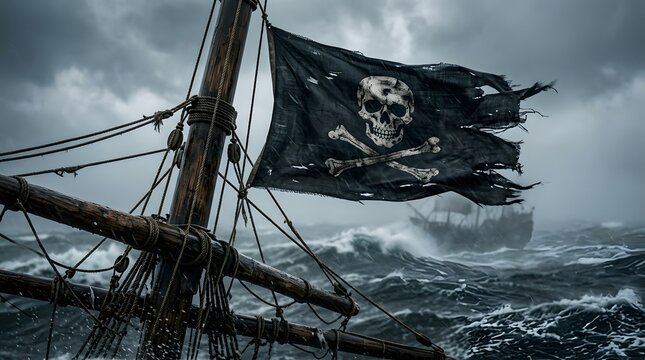 Tattered pirate flag with skull and crossbones flying on a ship mast during a stormy sea