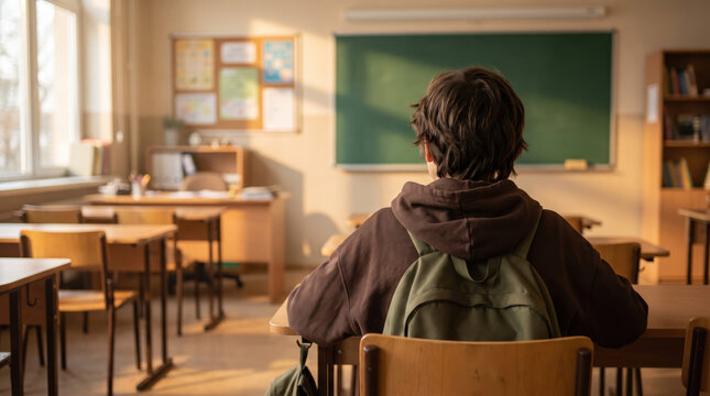 Rear view of a student sitting alone in an empty classroom facing the blackboard representing back to school, education, learning, concentration, academic journey, knowledge and personal growth