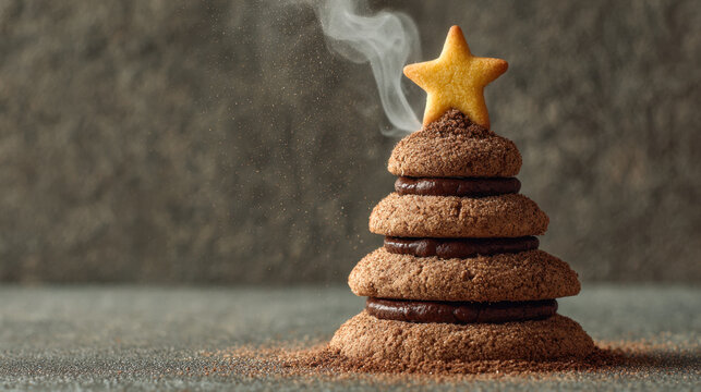 hristmas tree made of steaming coffee or hot drink with yellow star cookie