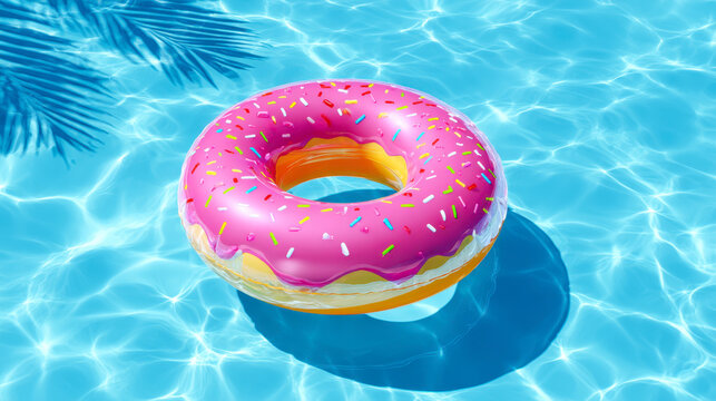 Inflatable circle donut in the pool. Clear blue water in the pool. Relax in the backyard of a country house