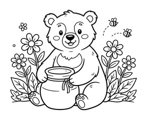 Friendly bear cub holding honey jar with flying bees in floral field for kids coloring book. © ArifulIslam