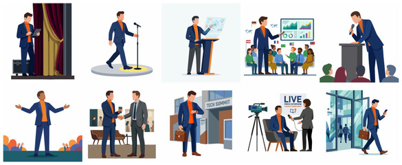 Fototapeta premium Professional Business Speaker and Tech Leader Presentation Illustration Set for Conferences, Corporate Events, and Public Speaking Engagements