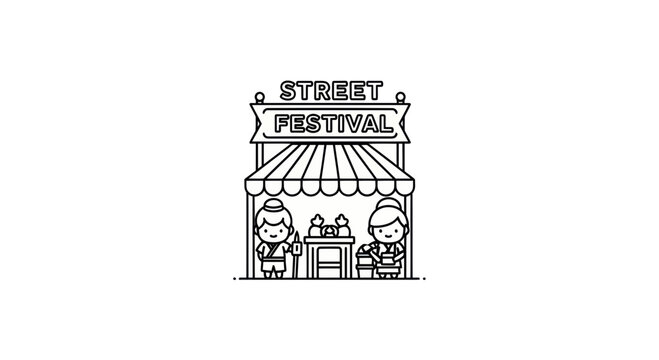 Street festival food stall with cute characters line art