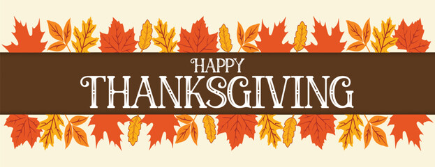 Happy Thanksgiving horizontal banner, social media cover header template with colorful autumn leaves, a classic and elegant design for seasonal greetings and holiday promotions © Nusrat