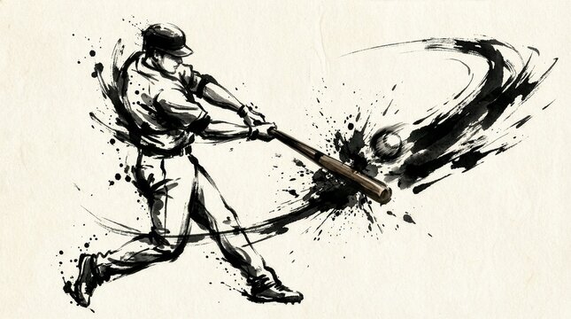 Ink wash illustration of a baseball player hitting a ball