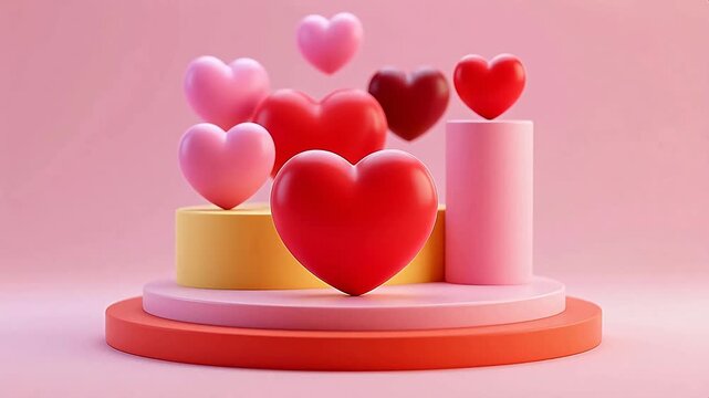 Red and pink hearts on colorful cylinders
