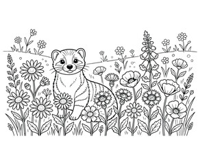 Cute weasel coloring page standing in tall wildflower garden with daisies and foxgloves. © ArifulIslam