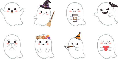 Obraz premium Cute Halloween Ghost Vector Character Set with Witch Hat, Coffee Cup, Birthday Party Elements, and Sweet Expressions for Kids Holiday Sticker Designs