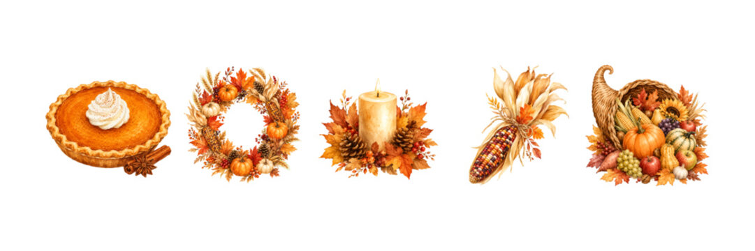Watercolor Thanksgiving Clipart Vol.1 &mdash; Pumpkin Pie Wreath Candle Indian Corn Cornucopia Harvest Autumn Illustration