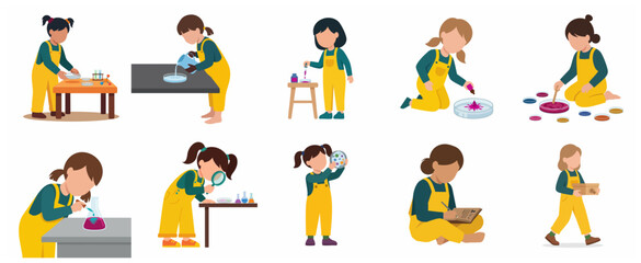 Fototapeta premium Set of Little Girls Doing Science Experiments, STEM Education Concept for Kids, Flat Vector Illustration
