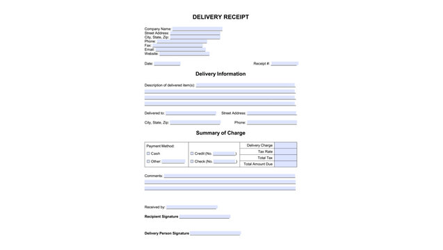 Delivery Receipt  fillable form, color vector illustration
