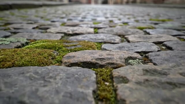 100mm Macro Texture of Mossy Cobblestone Street Paving Under Overcast Light