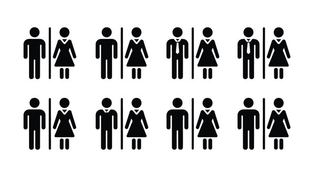 Restroom sign and toilet pictogram. Male and female icon black and white vector design.