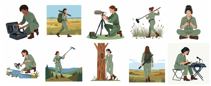 Professional women sound engineers and field recordists capturing nature sounds with specialized audio equipment, vector illustration set