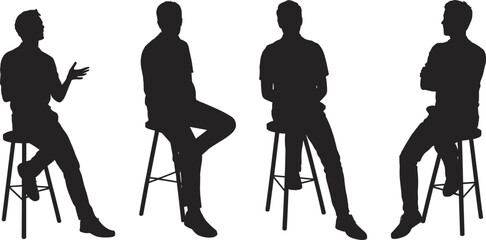 Seated human silhouettes on stools showing diverse body language poses for design, reference, and commercial use © mafuja