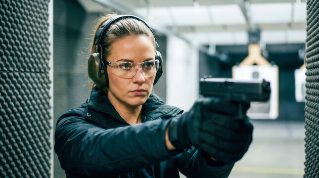 Focused woman practicing target shooting with a handgun at an indoor firing range.