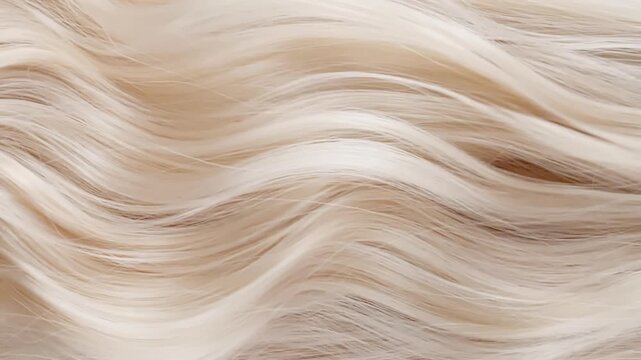 Closeup texture of Beautiful Long Curly Smooth Flowing Wavy Curls Blonde Hair Blowing in the Wind in Slow Motion. Natural hair care concept and barbershop or hairdressing. Healthy Shiny Hairs. FullHD