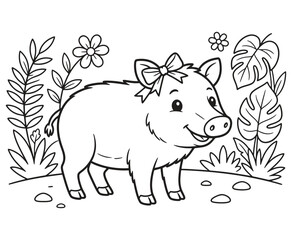 Obraz premium Cute baby pig with bow on head standing in a field with flowers and tropical leaves.