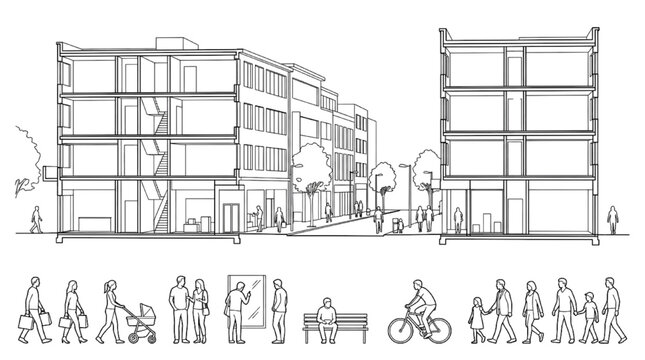 Urban street cross section with multi story building, city block architecture and pedestrian entourage, outline vector illustration