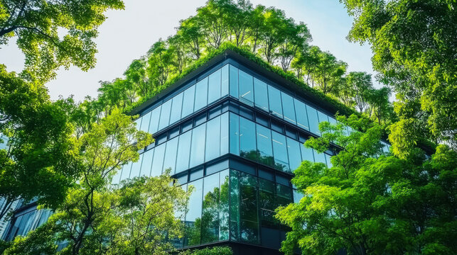 Sustainable green building. Eco-friendly building. Sustainable glass office building