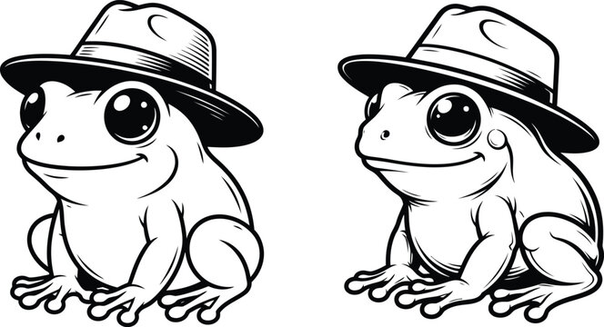 Cute cartoon frogs wearing hats in a simple black and white line art