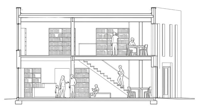 Library building cross section with bookshelf and staircase, two floor reading room interior, architectural line drawing