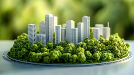 Fototapeta premium miniature cityscape showcases tall, white buildings vibrant greenery with nature