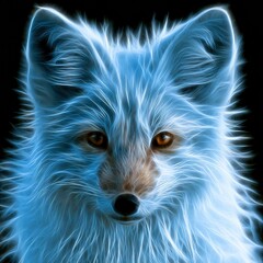 Fototapeta premium Arctic fox face displayed with large ears and bright eyes, featuring neon blue and amber colors against a dark background.