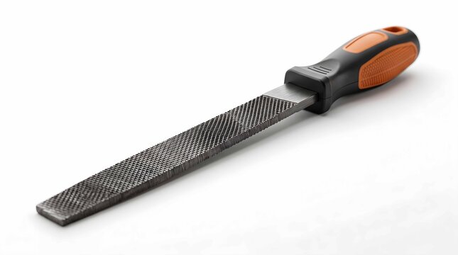 Professional metal rasp tool with orange handle on white background