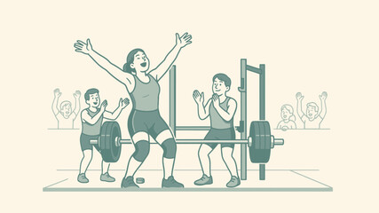 Obraz premium Analysis of emotional response and social reinforcement as a female athlete celebrates a lift with peers cheering in a modern fitness center illustration