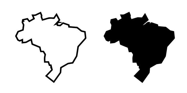 Brazil country map outline and solid silhouette vector isolated icon set