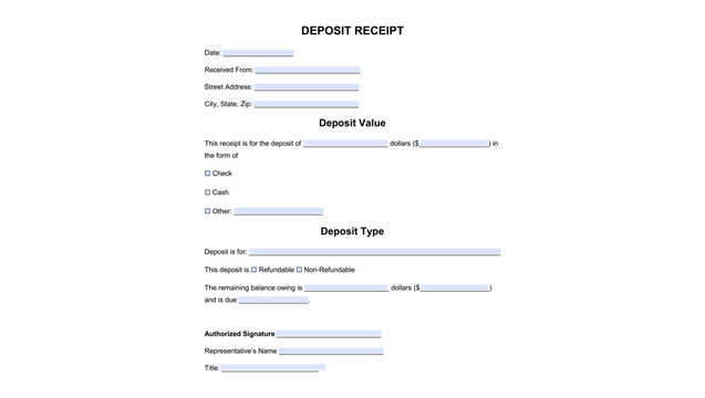 Deposit Receipt fillable form, color vector illustration