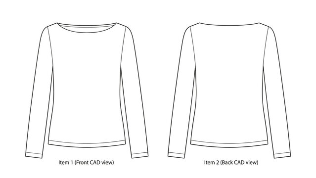 Boat neck long sleeve shirt flat technical drawing illustration wide neck streetwear mock-up template for design and tech pack women unisex men