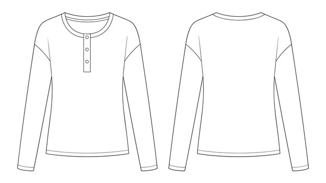 Henley long sleeve t-shirt flat technical drawing illustration button placket streetwear mock-up template for design and tech pack men unisex women