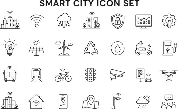 Smart city icon set with hand drawn technology and urban life symbols Vector
