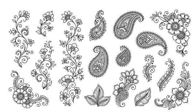 Henna mehndi vector element set featuring floral vine branches, paisley motifs, leaf clusters, corner ornaments, and ethnic line art decorative elements.