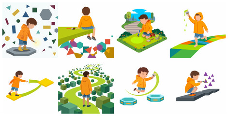 Fototapeta premium Creative boy in orange hoodie painting and exploring abstract geometric worlds, flat vector illustration set