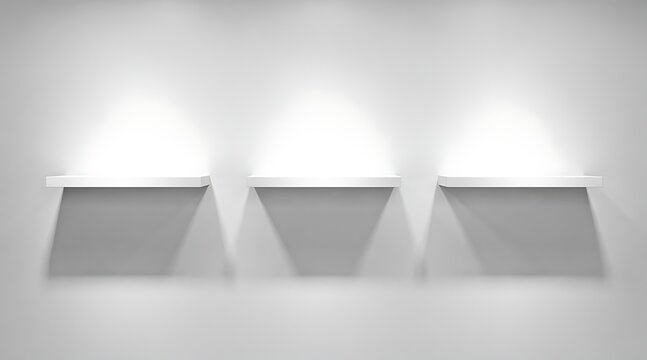 Three empty white shelves illuminated by spotlights casting shadows on a light gray wall.