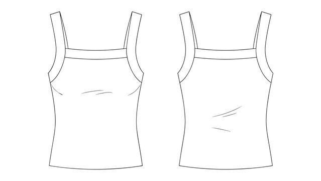 Square neck tank top flat technical drawing illustration sleeveless streetwear mock-up template for design and tech pack women unisex