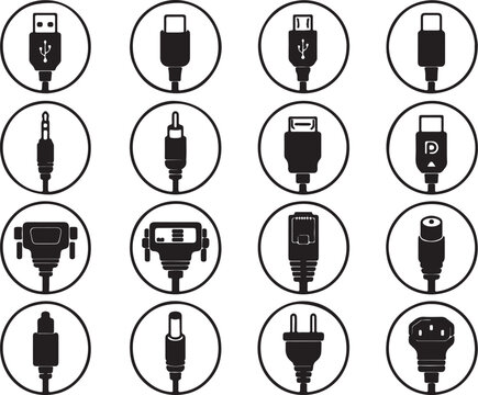 Set of various computer cable connector icons in black circles Vector