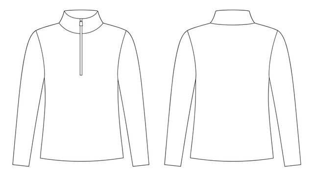 Quarter zip long sleeve top flat technical drawing illustration high neck streetwear mock-up template for design and tech pack men unisex women