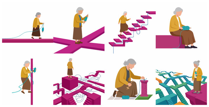 Conceptual vector illustration set of an elderly woman navigating the thread of life, representing destiny, aging, and the journey through various life stages and paths.