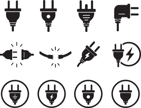 Set of black electrical plug icons for power and energy symbols Vector
