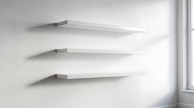 Three empty white modern shelves mounted on a white wall with natural light casting shadows.