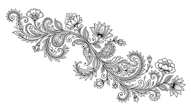 S-curve paisley floral line art ornament featuring wavy vine, leaves, blooming flowers, and decorative ethnic mehndi motif vector illustration.