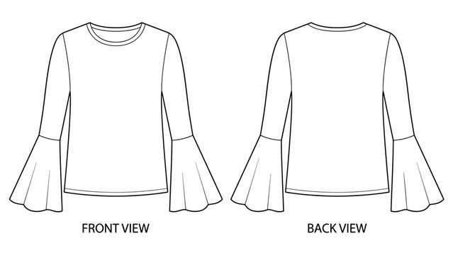 Bell sleeve long sleeve top flat technical drawing illustration flare sleeve streetwear mock-up template for design and tech pack women unisex