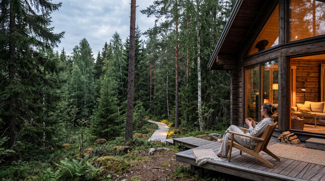 Woman relaxing on wooden cabin deck surrounded by forest during digital detox at cozy luxury nature retreat